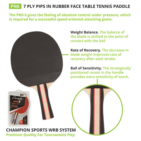 Champion Sports 7-PLY PIPS OUT RUBBER FACE TABLE TENNIS PADDLE 2-4-7