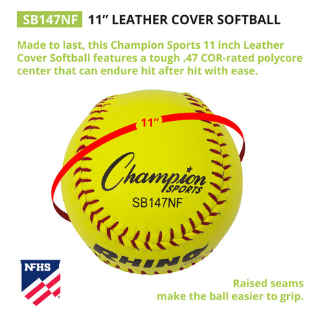 Champion Sports 11" LEATHER POLY CORE SOFTBALL, NFHS APPROVED