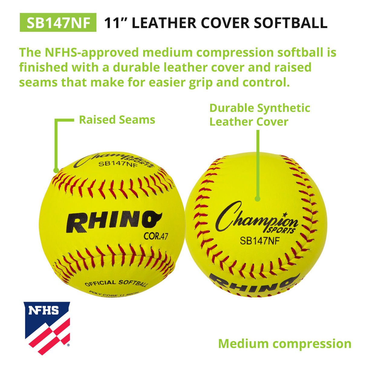 Champion Sports 11" LEATHER POLY CORE SOFTBALL, NFHS APPROVED