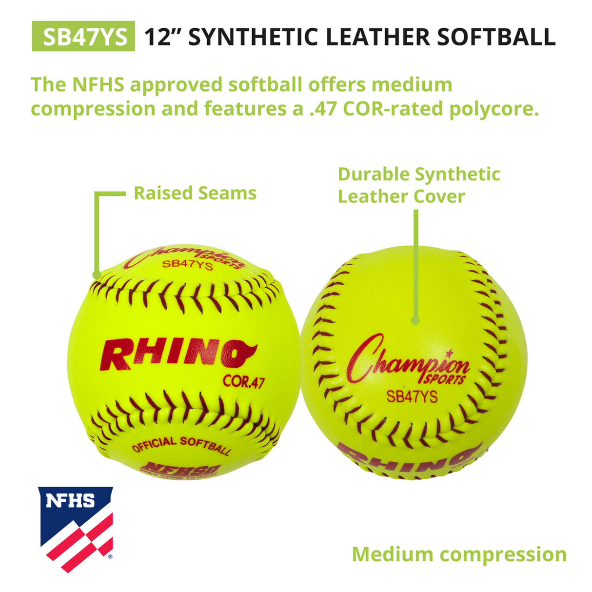 Champion Sports 12" SYNTHETIC LEATHER POLY CORE SOFTBALL, NFHS APPROVED