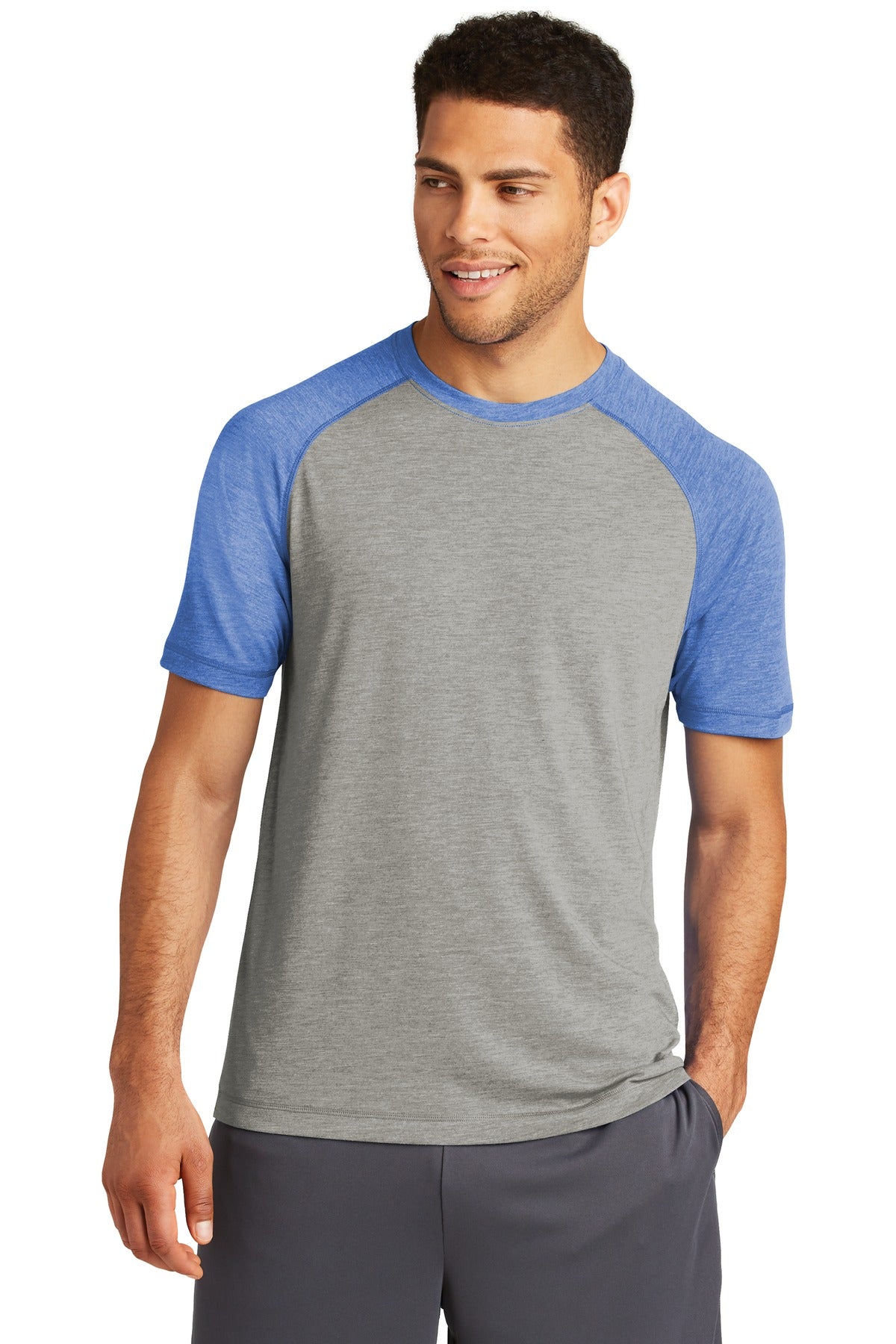 Sport-Tek ® PosiCharge ® Tri-Blend Wicking Raglan Tee. ST400 - True Royal Heather/ Light Grey Heather - Sport-Tek ST400 T-Shirts Sport-Tek True Royal Heather/ Light Grey Heather XS
