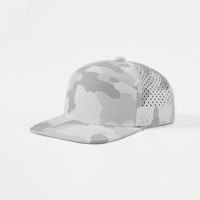 Joe's USA Hat Flat Bill 7 Panel Perforated Snapback Golf Hat - Snow Camo