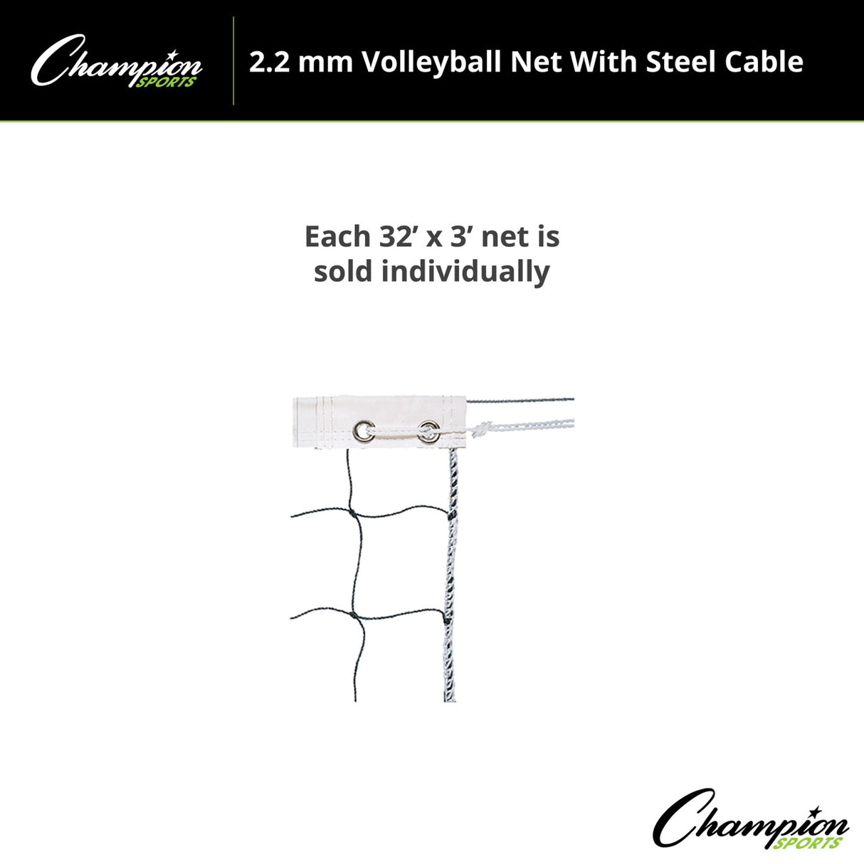 Champion Sports 2.2 MM VOLLEYBALL NET WITH STEEL CABLE, VN1