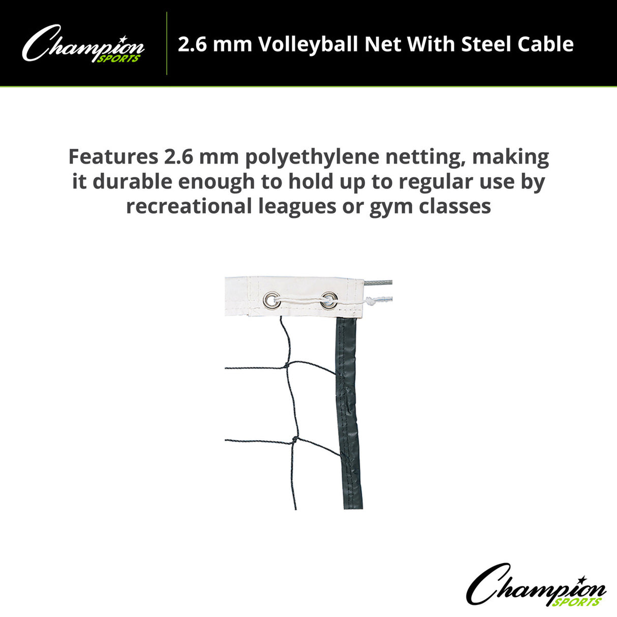 Champion Sports 2.6 MM VOLLEYBALL NET WITH STEEL CABLE, VN100