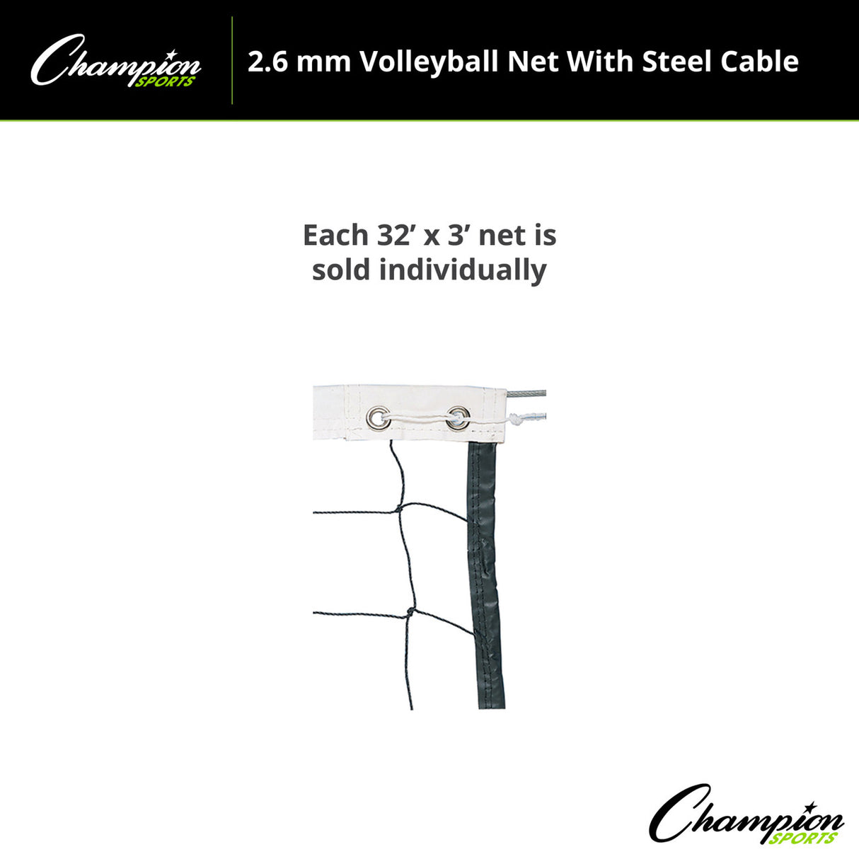 Champion Sports 2.6 MM VOLLEYBALL NET WITH STEEL CABLE, VN100