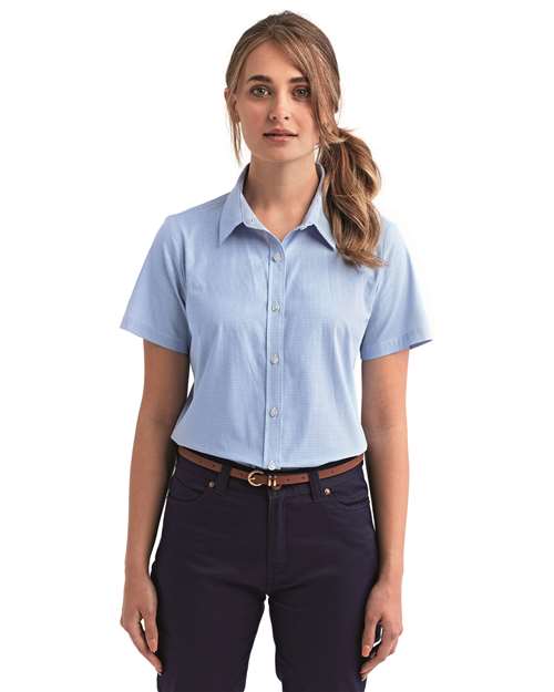 Artisan Collection by Reprime Women's Microcheck Gingham Short Sleeve Cotton Dress Shirt - Artisan Collection by Reprime RP321 Light Blue/ White XS