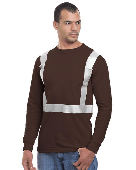 Bayside Unisex USA - Made High Visibility Long Sleeve Pocket T-Shirt - Chocolate - Bayside 3781 Chocolate S Short Sleeve T-Shirts