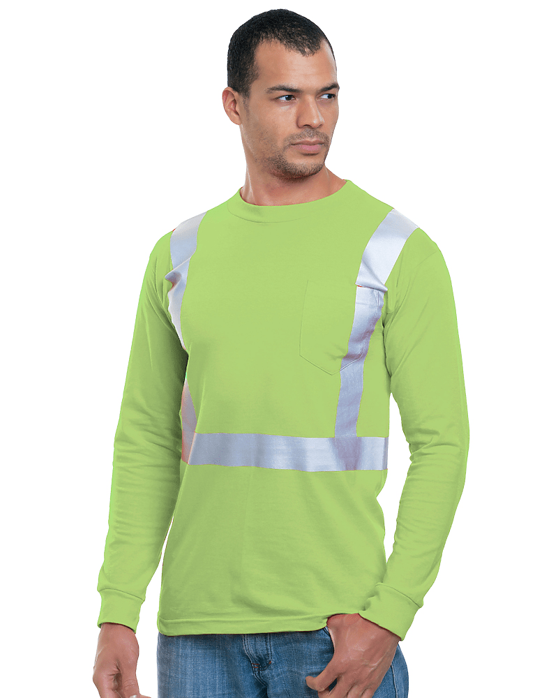 Bayside Unisex USA - Made High Visibility Long Sleeve Pocket T-Shirt - Lime Green - Bayside 3781 Lime Green S Short Sleeve T-Shirts