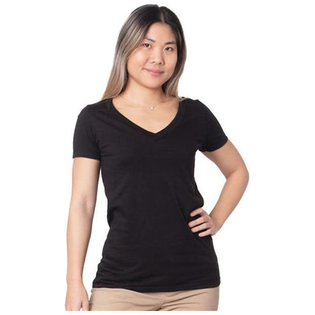 Bayside Women's USA - Made Fine Jersey V - Neck T-Shirt - Bayside 5875 Black S Short Sleeve T-Shirts