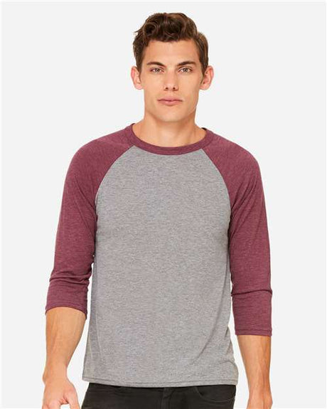 BELLA + CANVAS Unisex Three - Quarter Sleeve Baseball Tee - BELLA + CANVAS 3200 Grey/ Maroon Triblend XS Short Sleeve T-Shirts