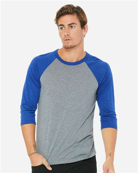 BELLA + CANVAS Unisex Three - Quarter Sleeve Baseball Tee - BELLA + CANVAS 3200 Grey/ True Royal Triblend XS Short Sleeve T-Shirts