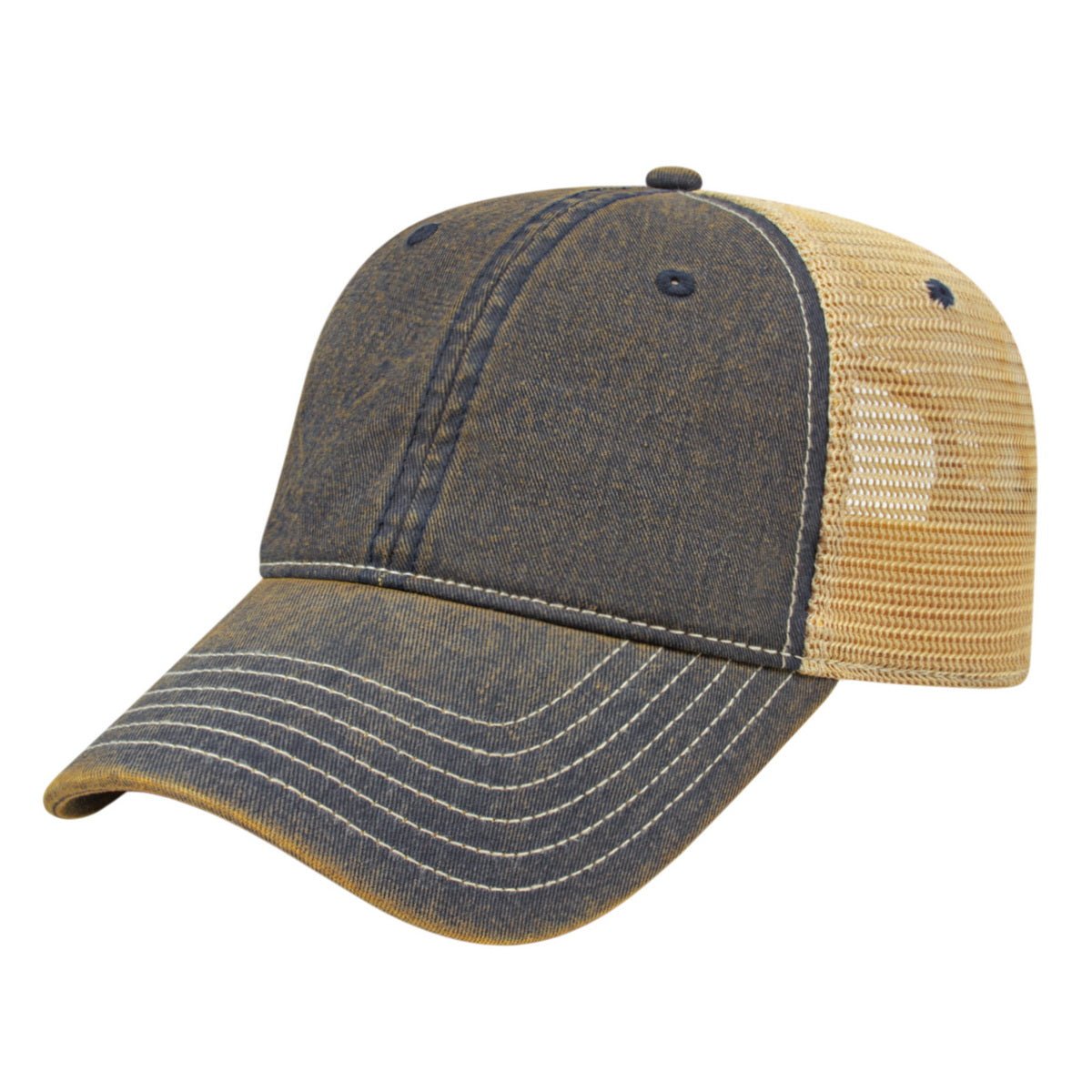 Cap America Premium Vintage Washed Mesh Back Cap i8527 Navy/Khaki OSFM