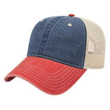 Cap America Washed Pigment Dyed Trucker Cap i3027 Navy/Red/Stone Standard