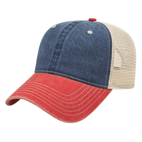 Cap America Washed Pigment Dyed Trucker Cap i3027 Navy/Red/Stone Standard