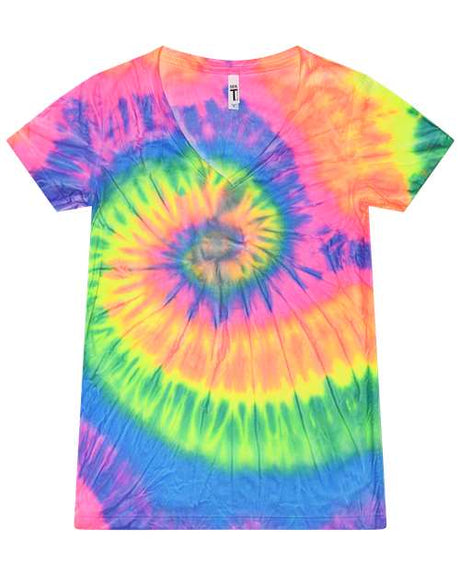 Colortone Women's Tie - Dyed V - Neck T-Shirt - Colortone 1075 Neon Rainbow XS Short Sleeve T-Shirts