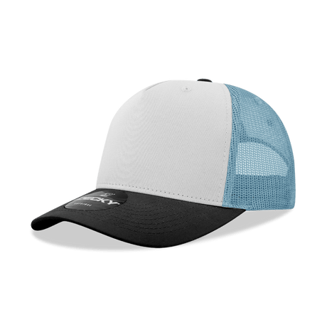 Decky 5 Panel Mid Profile Structured Cotton Blend Trucker | Decky 6030 Black/White/Sky Standard