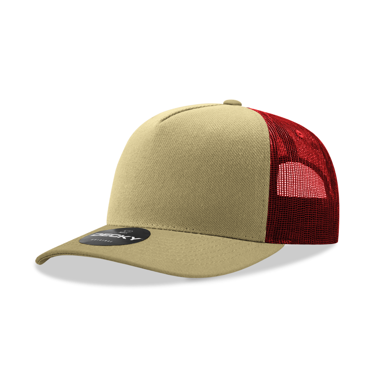 Decky 5 Panel Mid Profile Structured Cotton Blend Trucker | Decky 6030 Khaki/Cardinal Standard