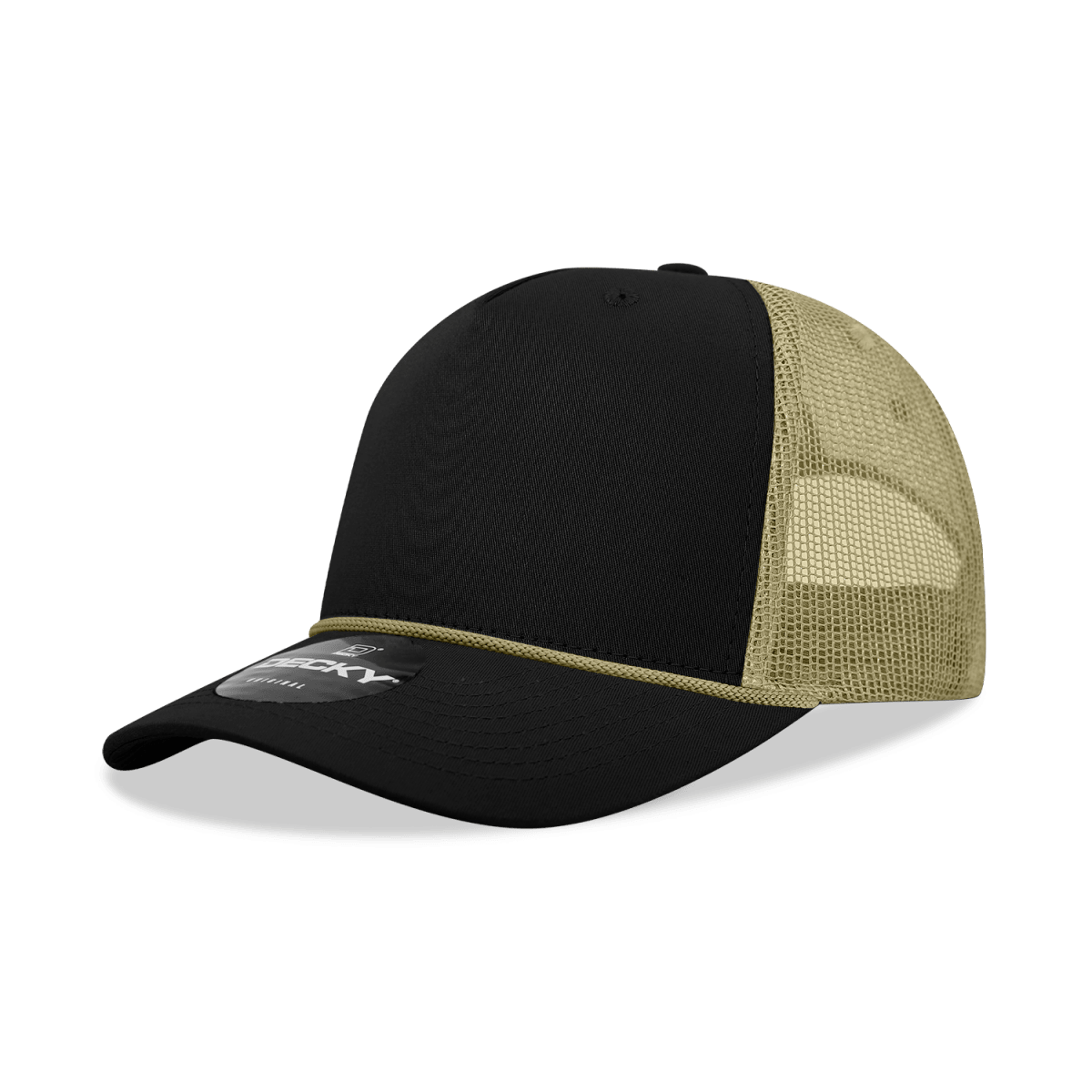 Decky 5 Panel Mid Profile Structured Cotton/Poly Blend Trucker w/Rope | Decky 6040 Black/Vegas Gold Standard