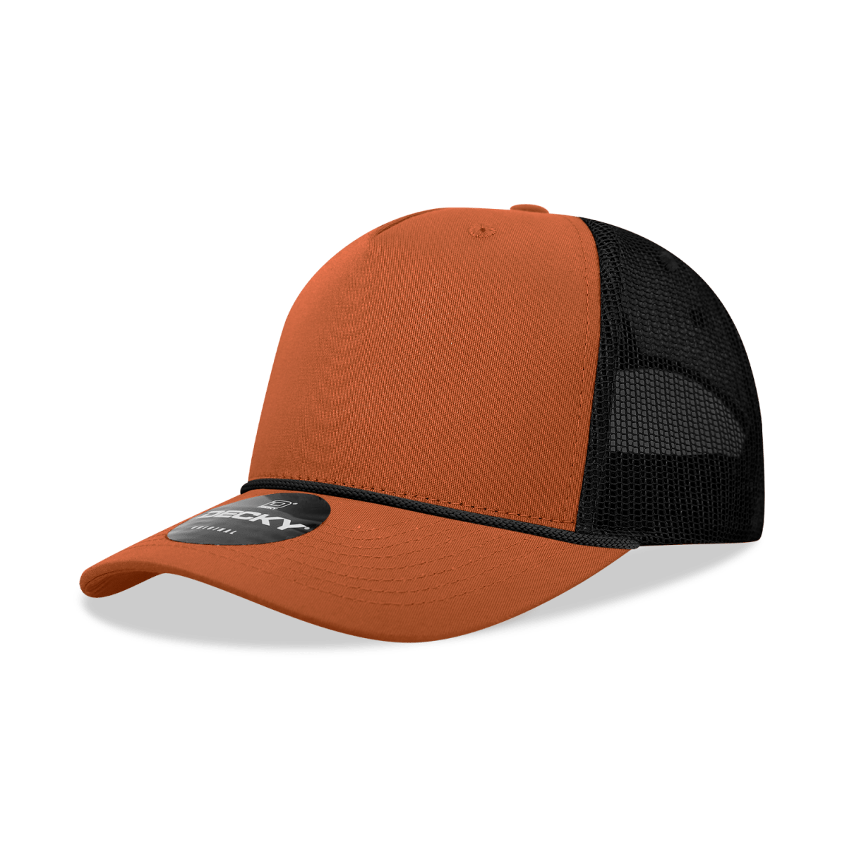 Decky 5 Panel Mid Profile Structured Cotton/Poly Blend Trucker w/Rope | Decky 6040 BurnOrange/Black Standard