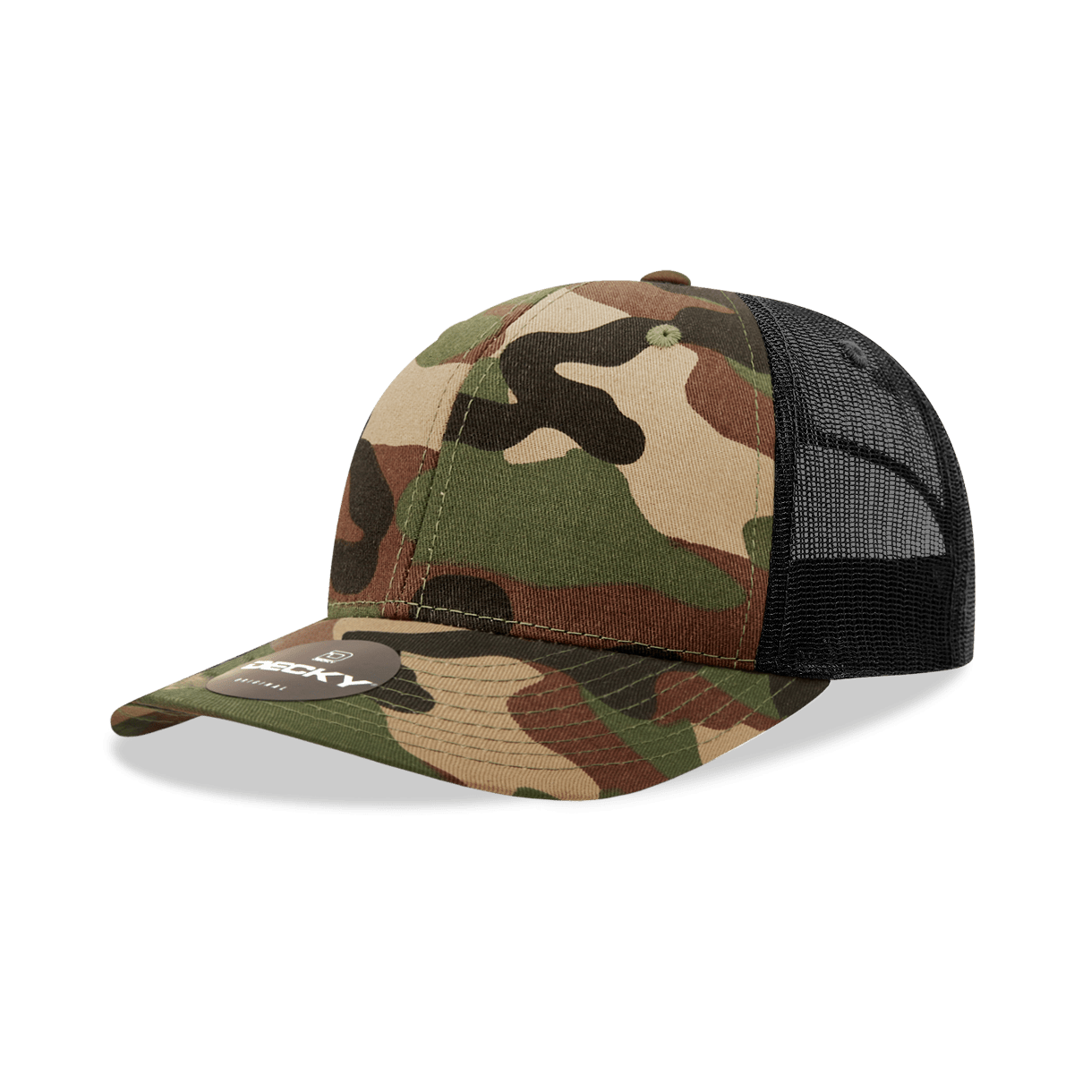 Decky 6 Panel Mid Profile Structured Camo Trucker | Decky 1054 Woodland/Woodland/Black OSFM