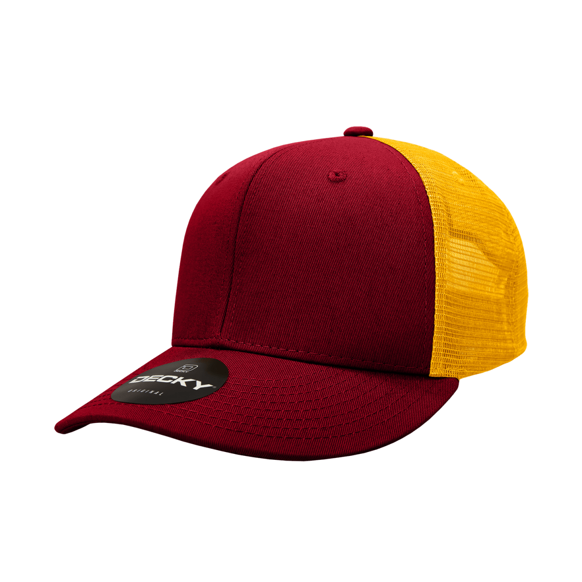 Decky 6 Panel Mid Profile Structured Cotton Trucker | Decky 4006 Cardinal/Gold OSFM