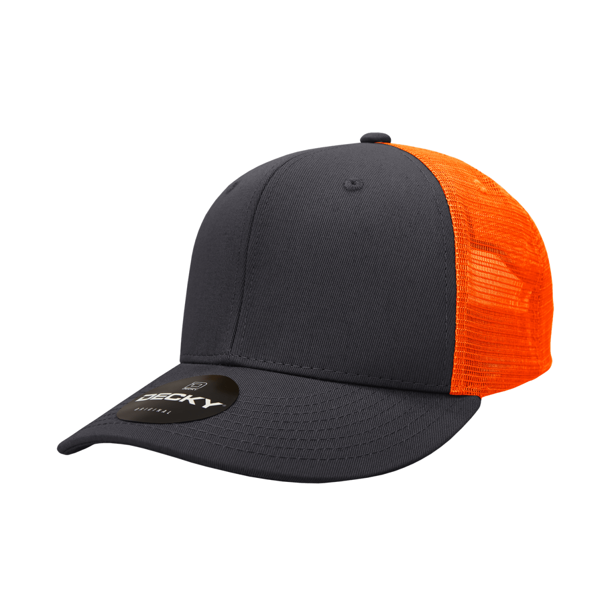 Decky 6 Panel Mid Profile Structured Cotton Trucker | Decky 4006 Charcoal/Neon Orange OSFM