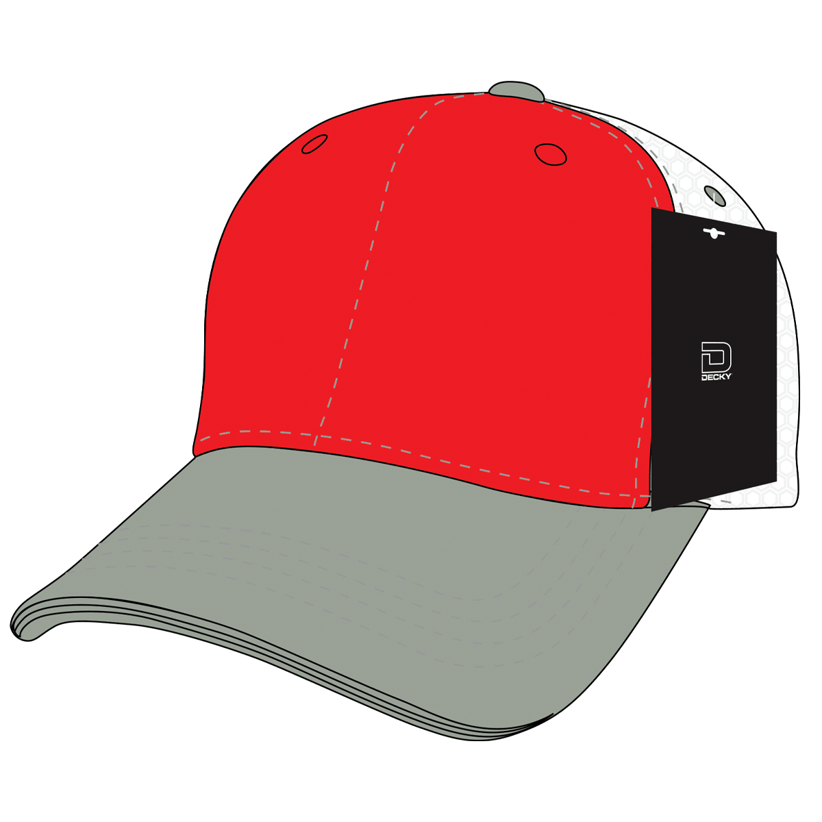 Decky 6 Panel Mid Profile Structured Cotton Trucker | Decky 4006 Heather Grey/Red/White OSFM