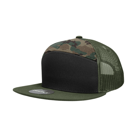Decky 7 Panel High Profile Structured Cotton Blend Trucker | Decky 1133 Black/Woodland/Olive Standard