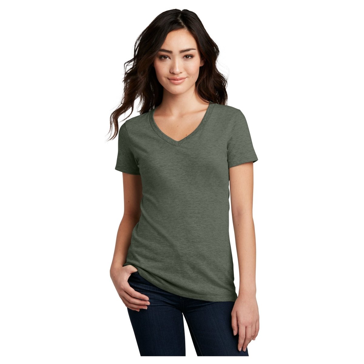 District® Women’s Perfect Blend® CVC V - Neck Tee DM1190L - Heathered Olive Heathered Olive X - Small Short Sleeve T-Shirts