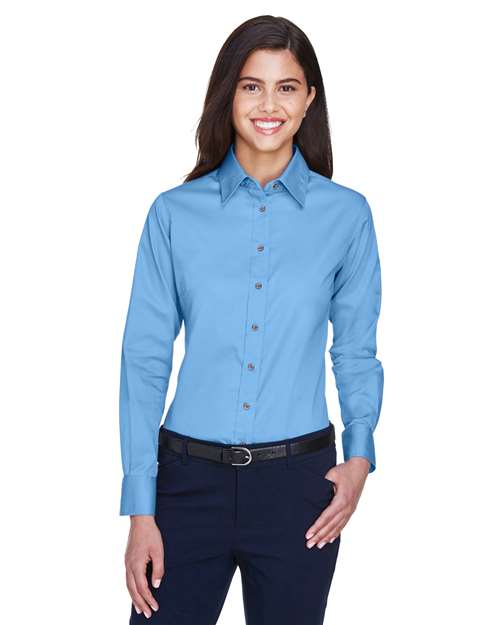 Harriton Women's Easy Blend™ Long Sleeve Twill Dress Shirt with Stain - Release - Harriton M500W Light College Blue XS