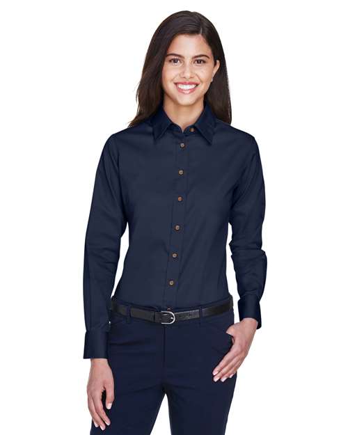 Harriton Women's Easy Blend™ Long Sleeve Twill Dress Shirt with Stain - Release - Harriton M500W Navy XS