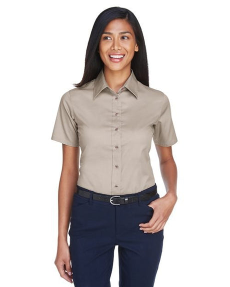 Harriton Women's Easy Blend™ Short Sleeve Twill Dress Shirt with Stain - Release - Harriton M500SW Black XS