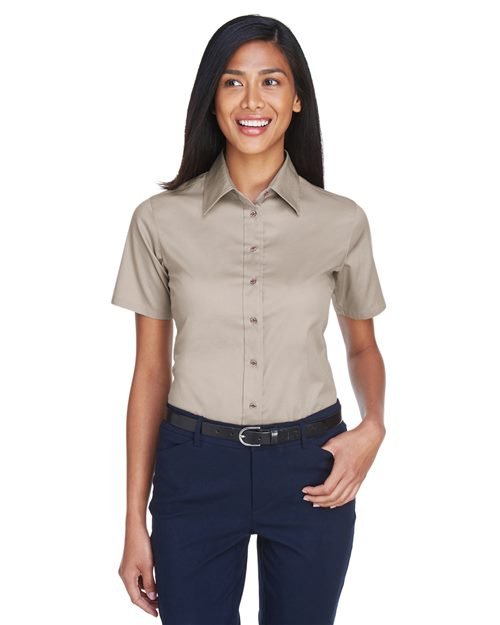 Harriton Women's Easy Blend™ Short Sleeve Twill Dress Shirt with Stain - Release - Harriton M500SW Black XS