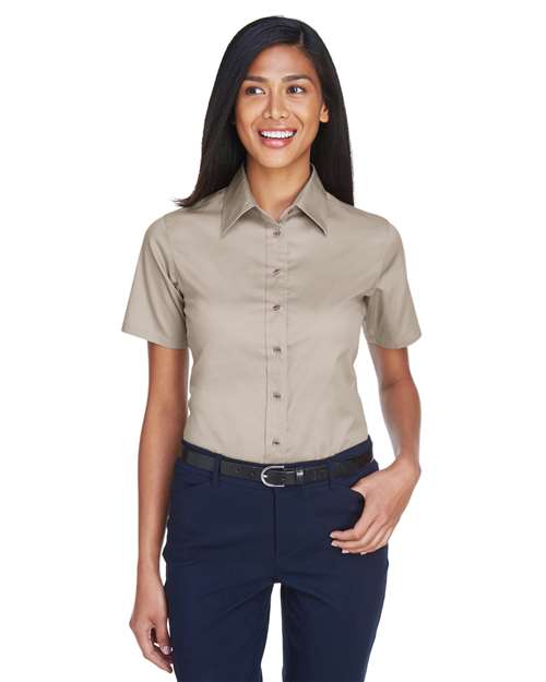 Harriton Women's Easy Blend™ Short Sleeve Twill Dress Shirt with Stain - Release - Harriton M500SW Stone XS