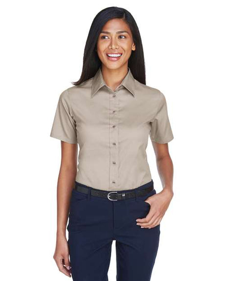 Harriton Women's Easy Blend™ Short Sleeve Twill Dress Shirt with Stain - Release - Harriton M500SW Stone XS