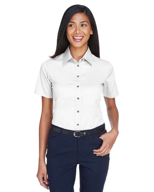 Harriton Women's Easy Blend™ Short Sleeve Twill Dress Shirt with Stain - Release - Harriton M500SW White XS