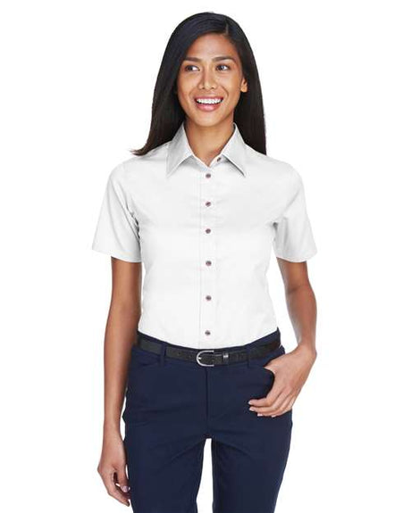Harriton Women's Easy Blend™ Short Sleeve Twill Dress Shirt with Stain - Release - Harriton M500SW White XS