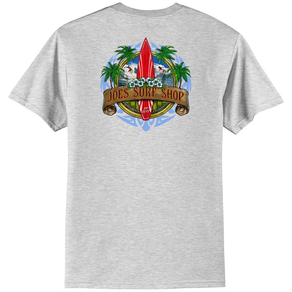 Joe's Surf Shop Longboard Design 50/50 Cotton Poly T-Shirts in Regular, Big and Tall 3X - Large Ash / Blue logo background Short Sleeve T-Shirts