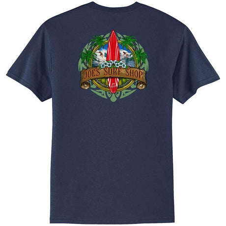 Joe's Surf Shop Longboard Design 50/50 Cotton Poly T-Shirts in Regular, Big and Tall Large Navy / Green logo background Short Sleeve T-Shirts