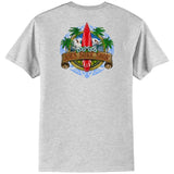 Joe's Surf Shop Longboard Design 50/50 Cotton Poly T-Shirts in Regular, Big and Tall Medium Ash / Blue logo background Short Sleeve T-Shirts
