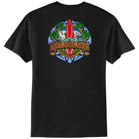 Joe's Surf Shop Longboard Design 50/50 Cotton Poly T-Shirts in Regular, Big and Tall Medium Black / Blue logo background Short Sleeve T-Shirts