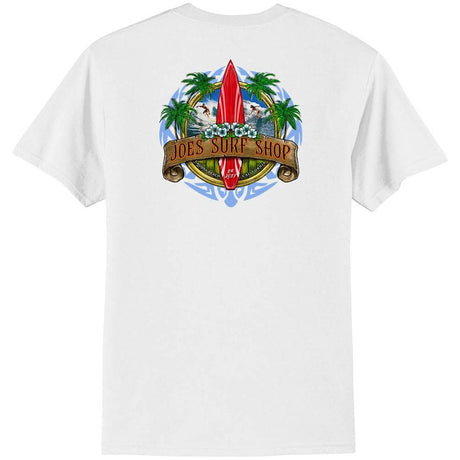 Joe's Surf Shop Longboard Design 50/50 Cotton Poly T-Shirts in Regular, Big and Tall Medium White / Blue logo background Short Sleeve T-Shirts