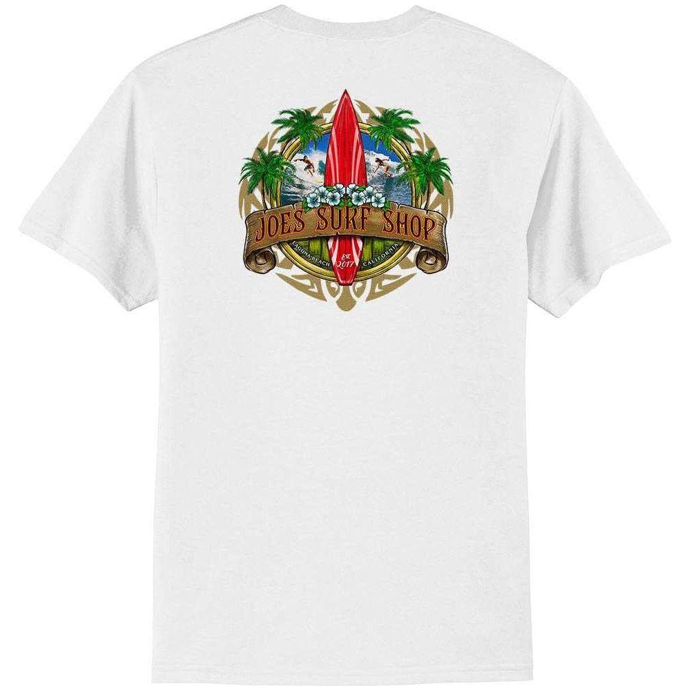Joe's Surf Shop Longboard Design 50/50 Cotton Poly T-Shirts in Regular, Big and Tall Small Ash / Blue logo background Short Sleeve T-Shirts