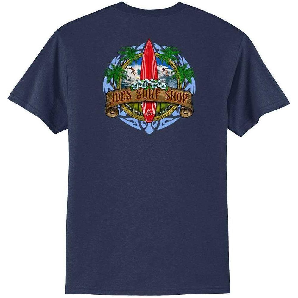 Joe's Surf Shop Longboard Design 50/50 Cotton Poly T-Shirts in Regular, Big and Tall Small Ash / Blue logo background Short Sleeve T-Shirts