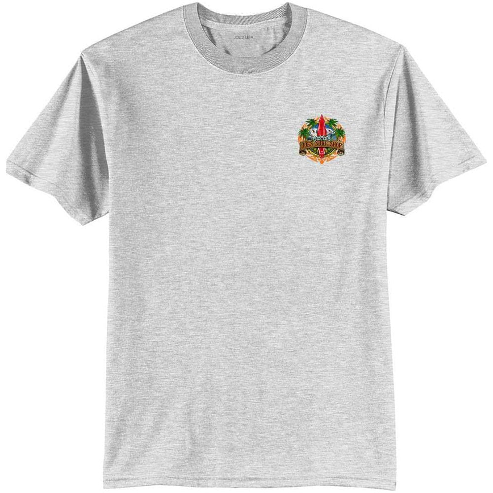 Joe's Surf Shop Longboard Design 50/50 Cotton Poly T-Shirts in Regular, Big and Tall Small Ash / Blue logo background Short Sleeve T-Shirts