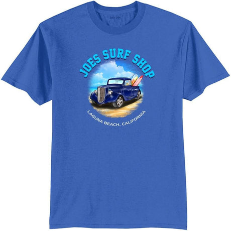 Joe's Surf Truck Design 50/50 Cotton Poly T-Shirts in Regular, Big and Tall Royal Blue Medium Short Sleeve T-Shirts