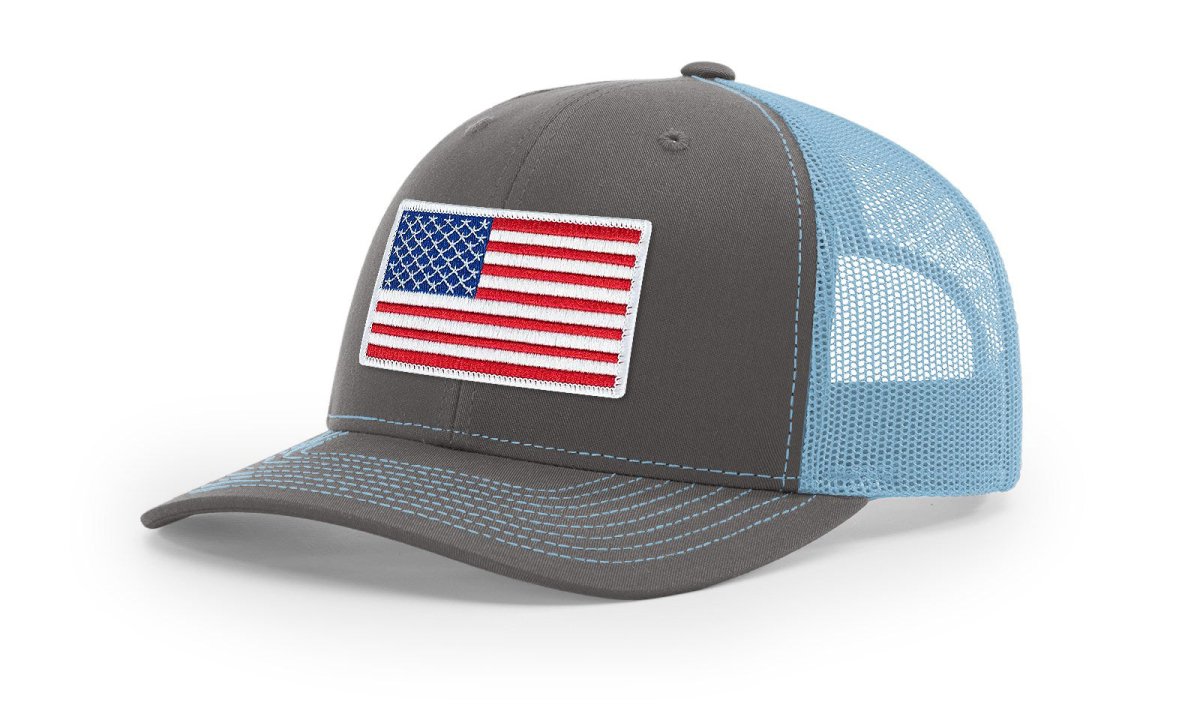 Joe's USA Flag Snapback Trucker Cap Red/White/Blue USA Flag Charcoal / Columbia Blue Hats