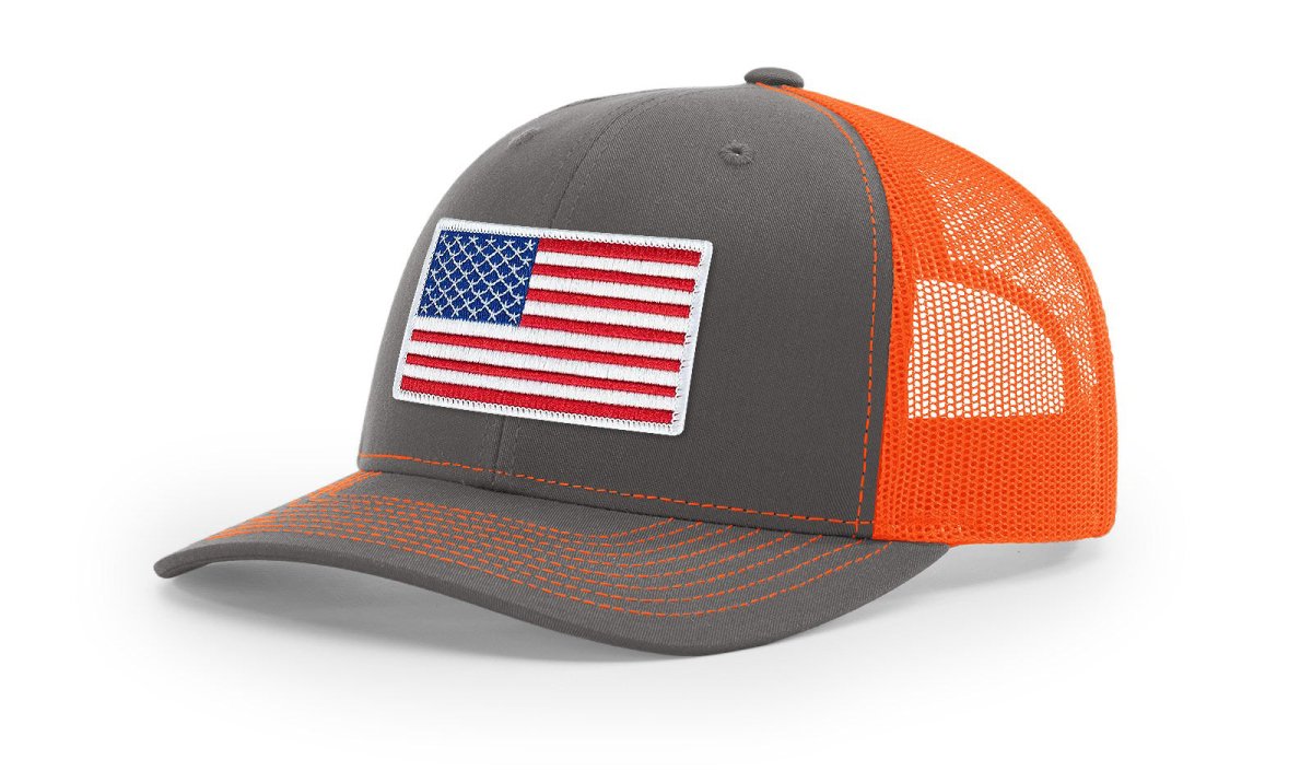 Joe's USA Flag Snapback Trucker Cap Red/White/Blue USA Flag Charcoal / Neon Orange Hats
