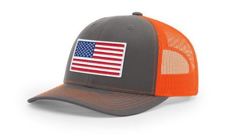 Joe's USA Flag Snapback Trucker Cap Red/White/Blue USA Flag Charcoal / Neon Orange Hats