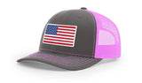 Joe's USA Flag Snapback Trucker Cap Red/White/Blue USA Flag Charcoal / Neon Pink Hats